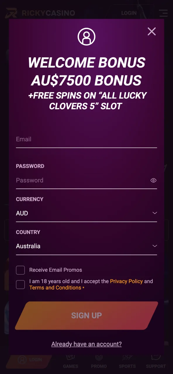 Create your Ricky Casino account by completing registration and confirming your email.