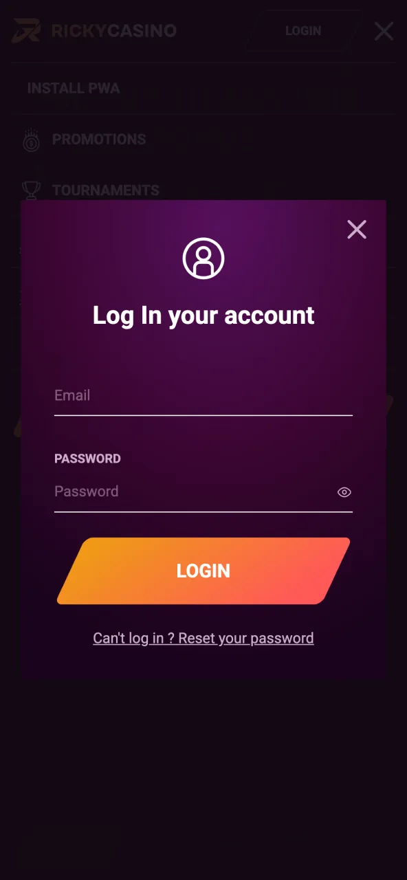 Enter Ricky Casino using email and password, then open Chicken Road.
