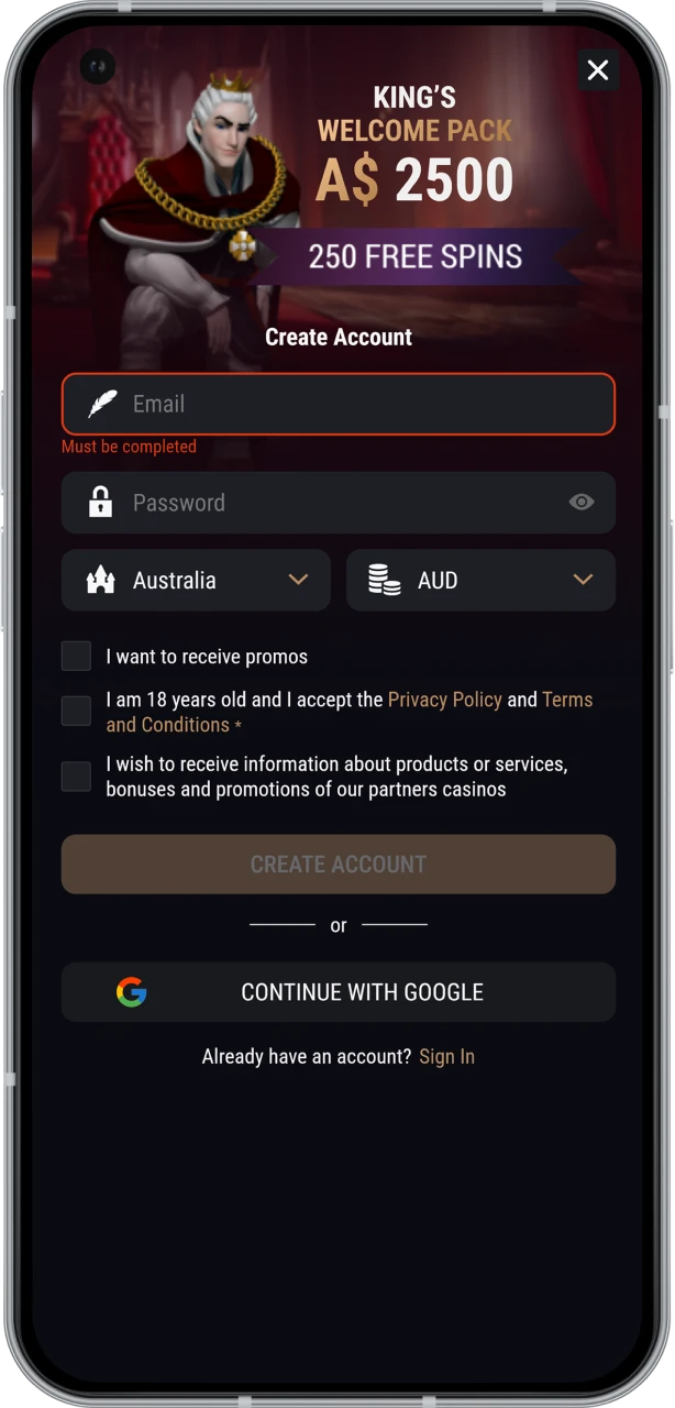 Register at King Billy and get access to the Chicken Road game.