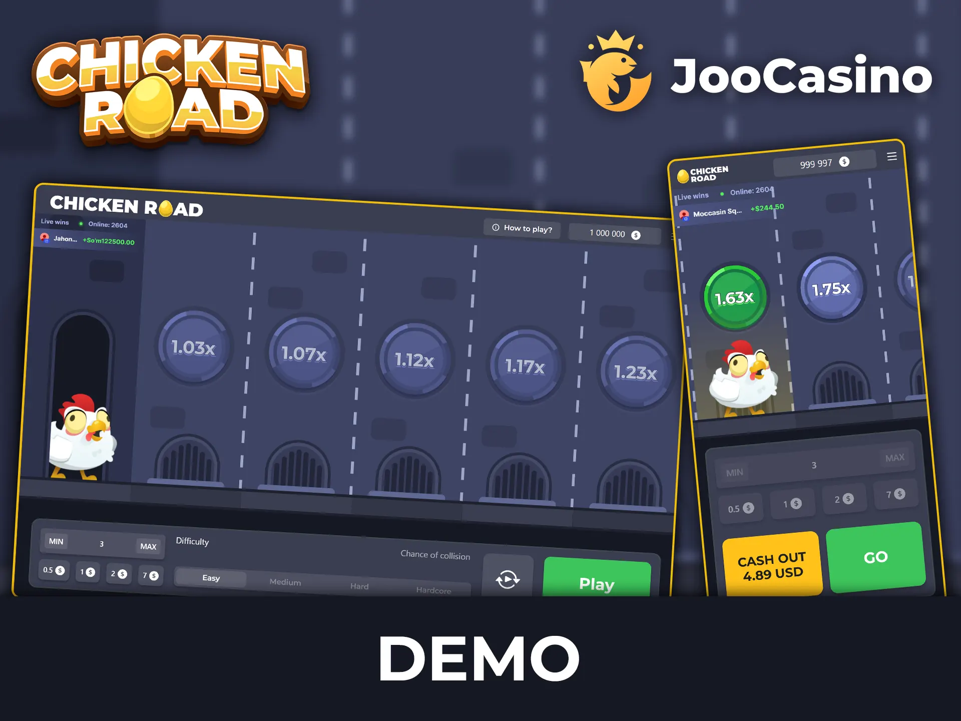 Hone your skills with the free demo version of Chicken Road at Joo Casino.