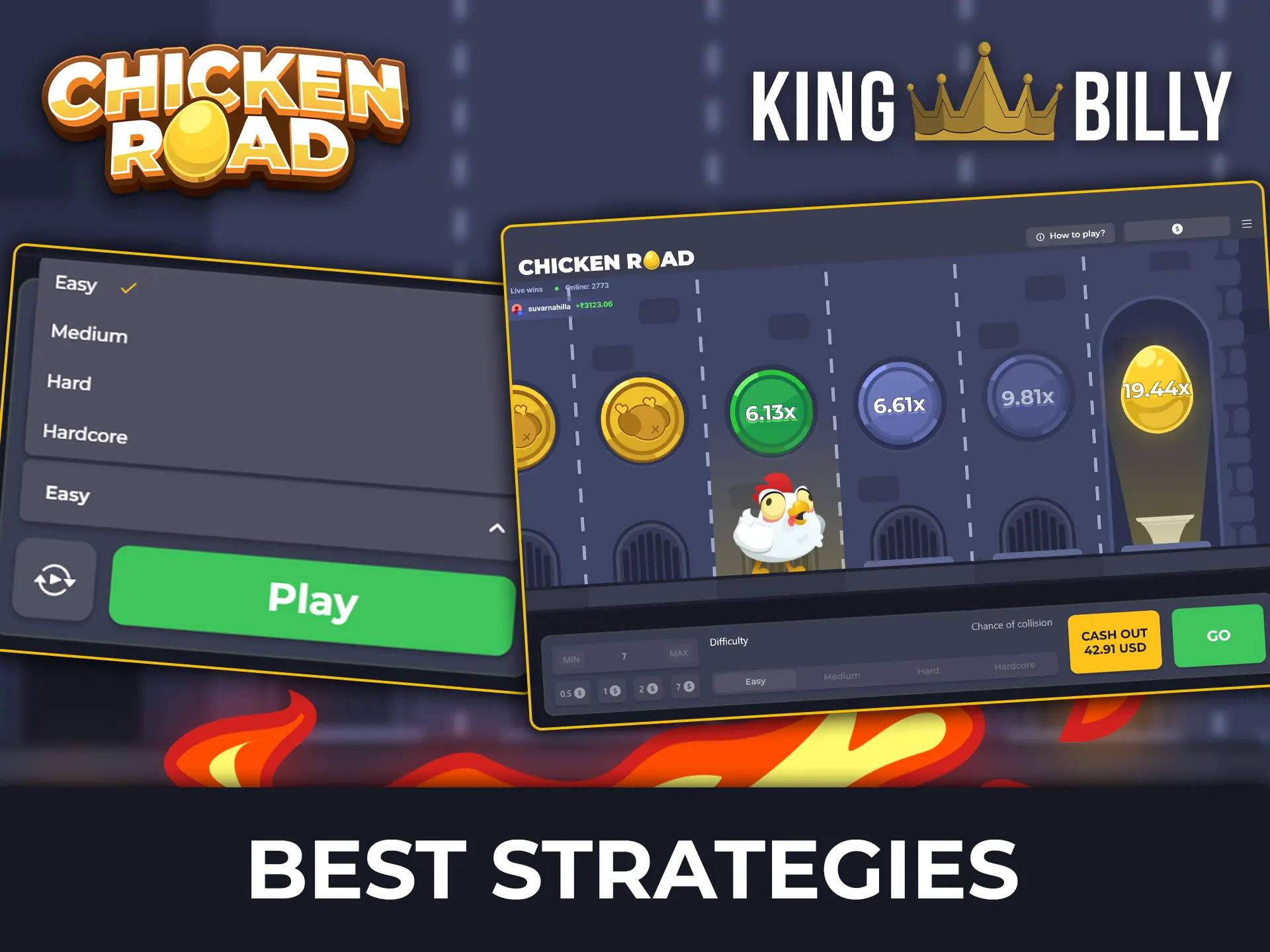 Choose your preferred risk level to win at Chicken Road at King Billy Casino.