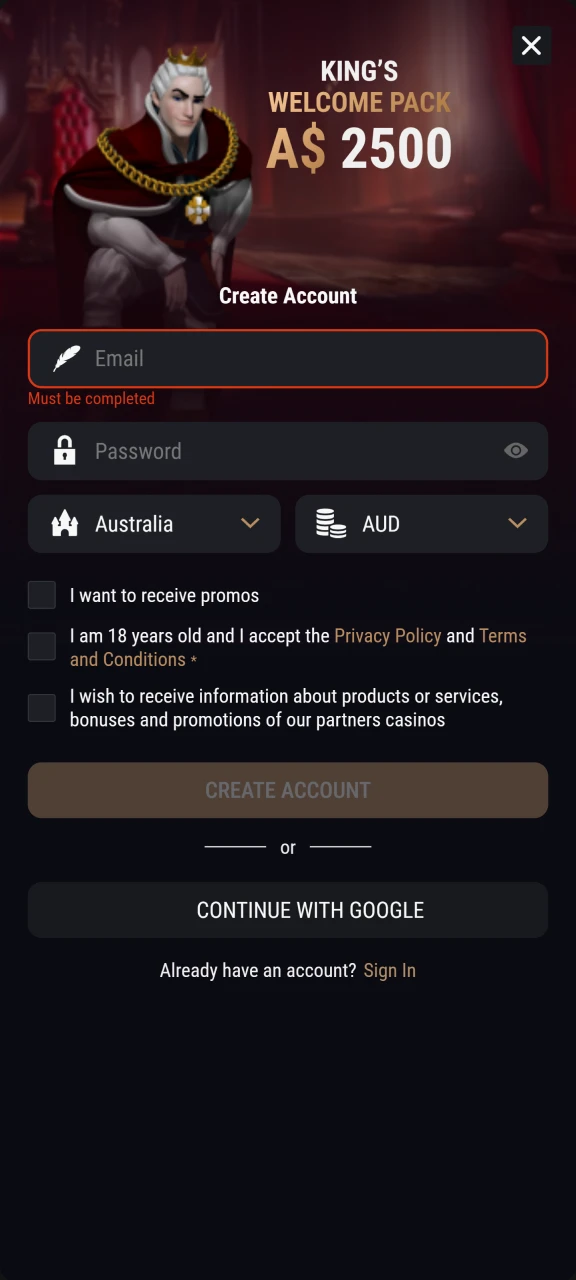 Create an account at King Billy to access Chicken Road.