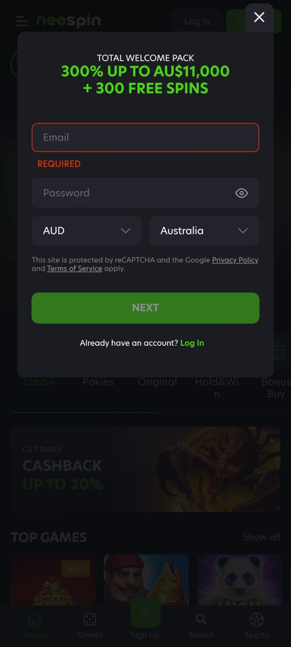 Enter your email and create a password to register on the Neoospin platform.