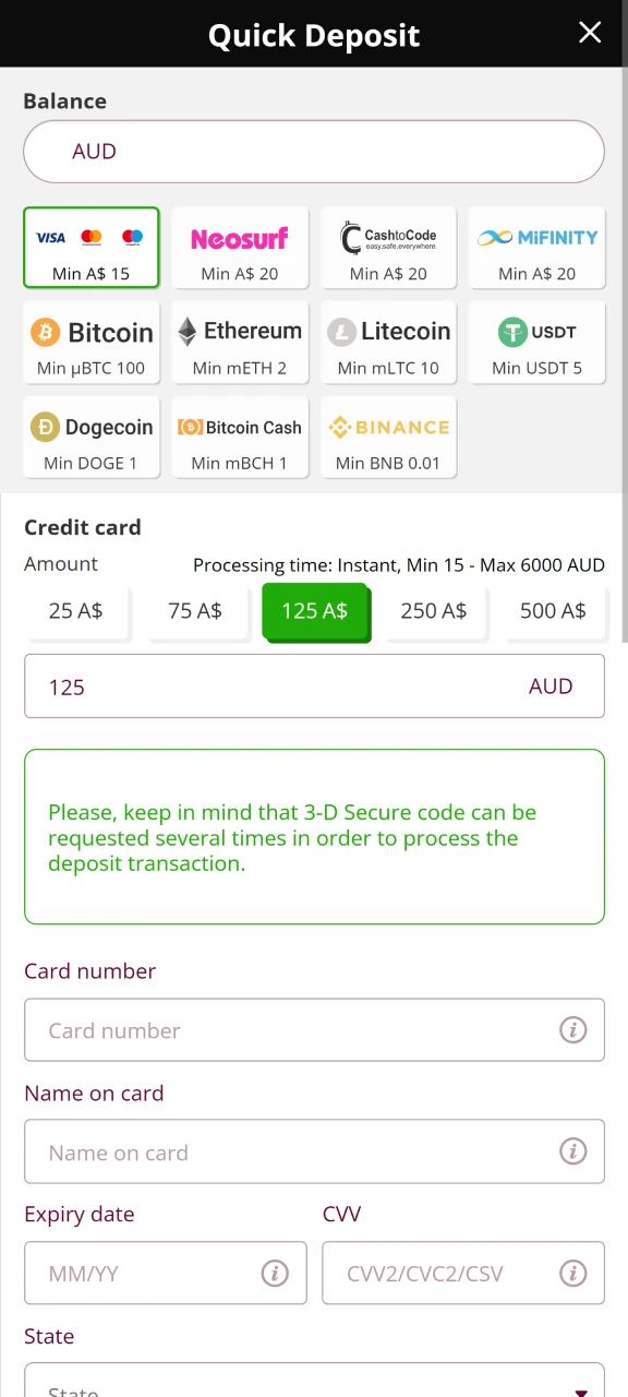 Select your payment method, add the amount, and confirm your deposit transaction at Playamo.