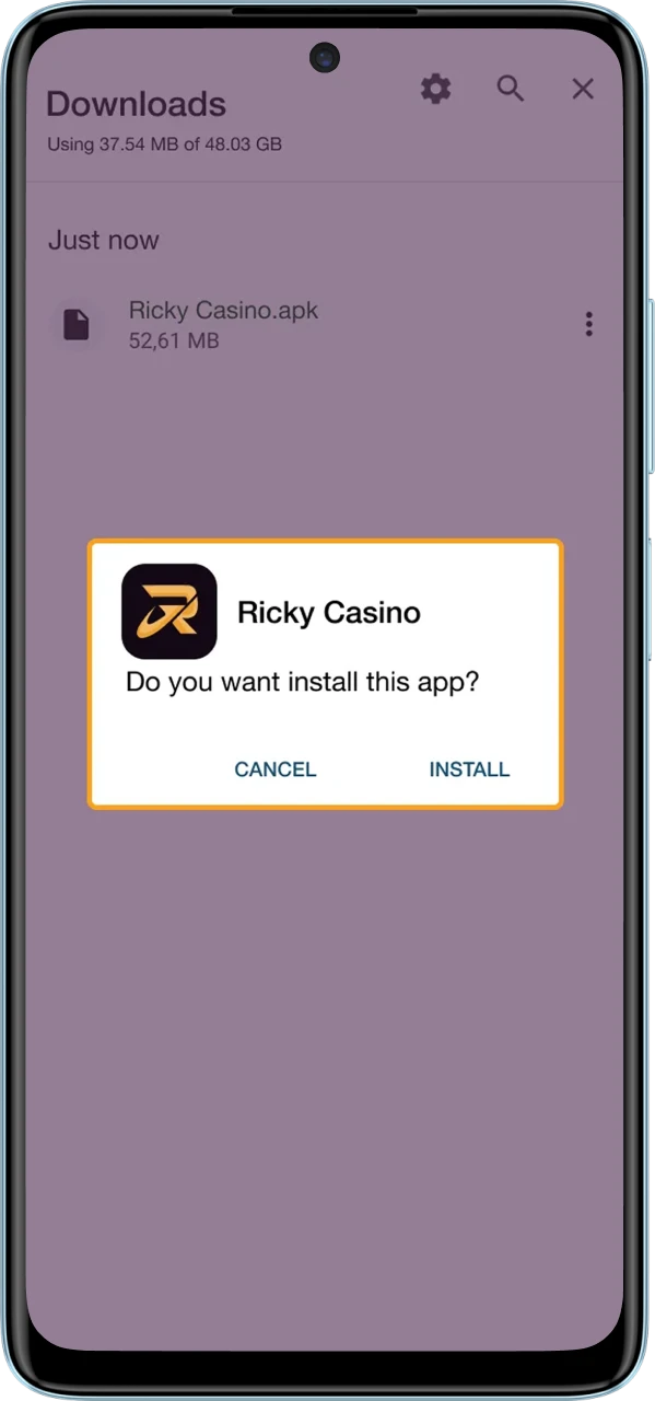 Install Ricky Casino by opening the APK and following the on‑screen steps.