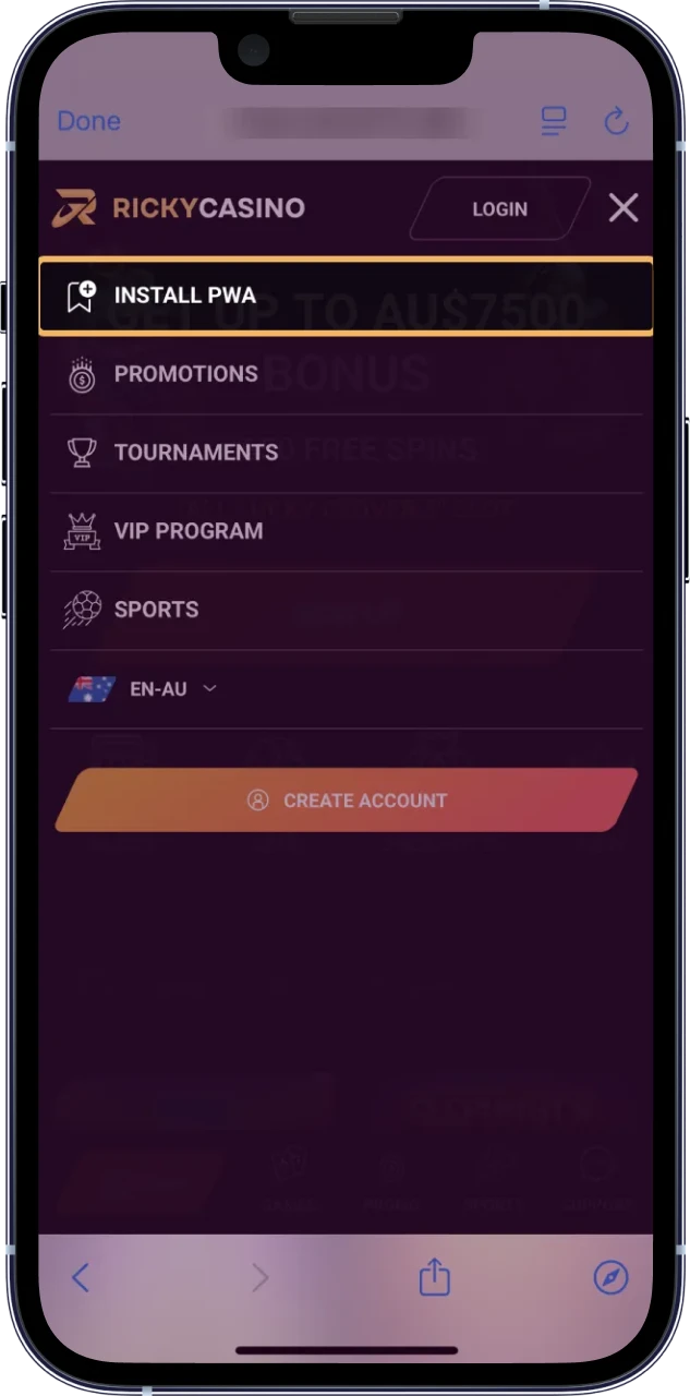 Enter Ricky Casino, finish login or signup and open the mobile menu.
