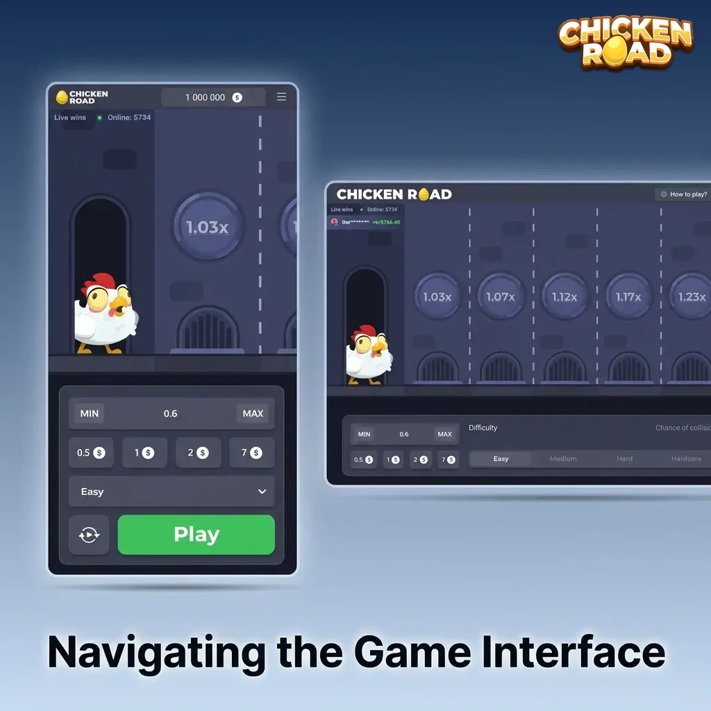 Chicken Road interface with a central path grid, bottom bet and difficulty settings, and a side round history panel.