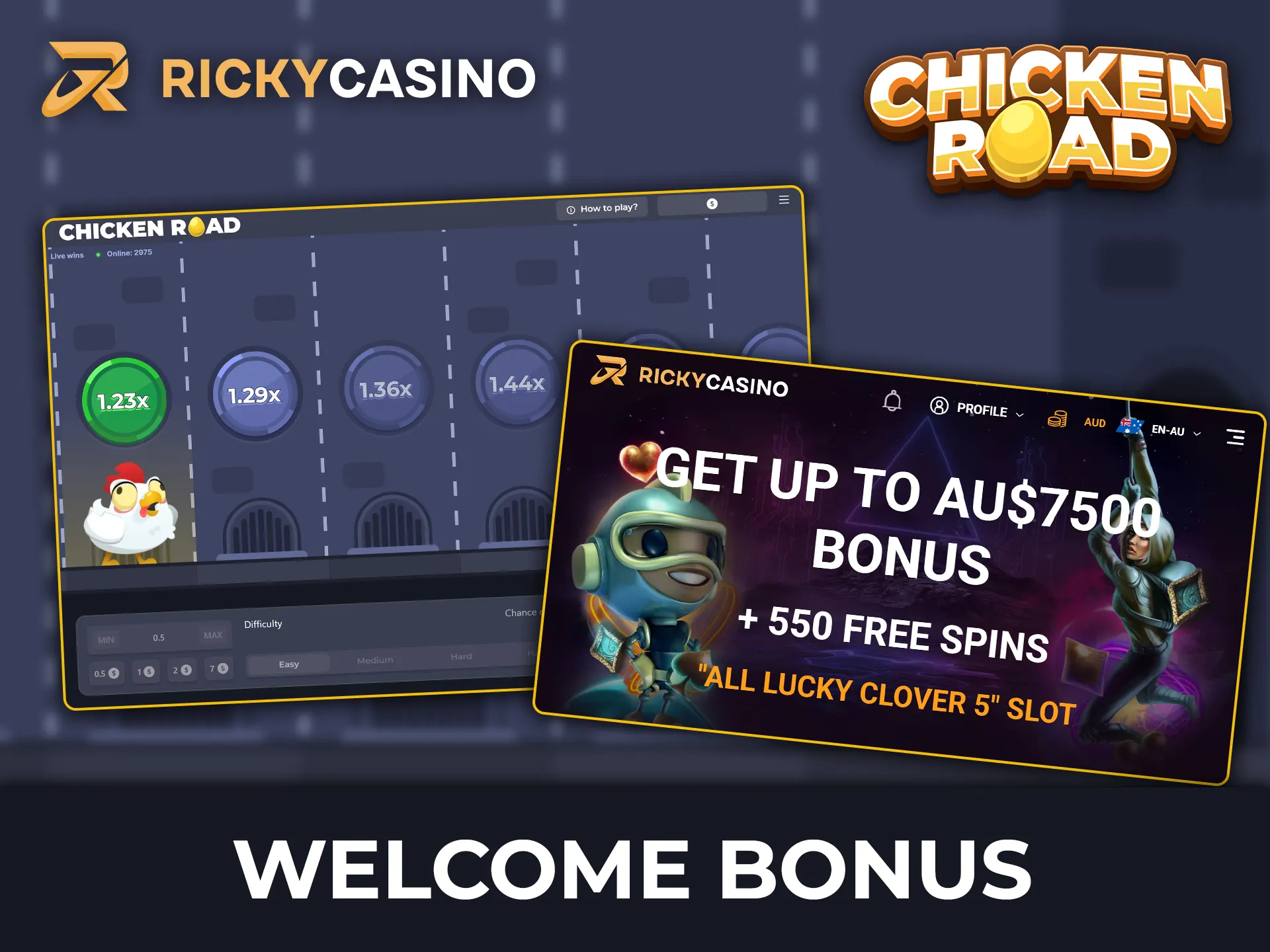 Find out how to get a welcome bonus at Ricky Casino to play Chicken Road.