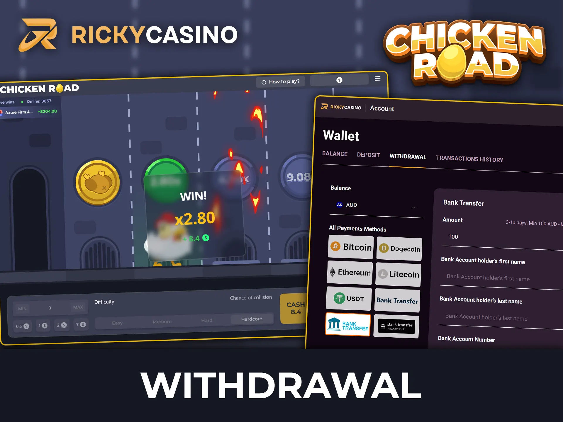 Find out how to quickly and securely withdraw your winnings from Chicken Road at Ricky Casino to your bank account.