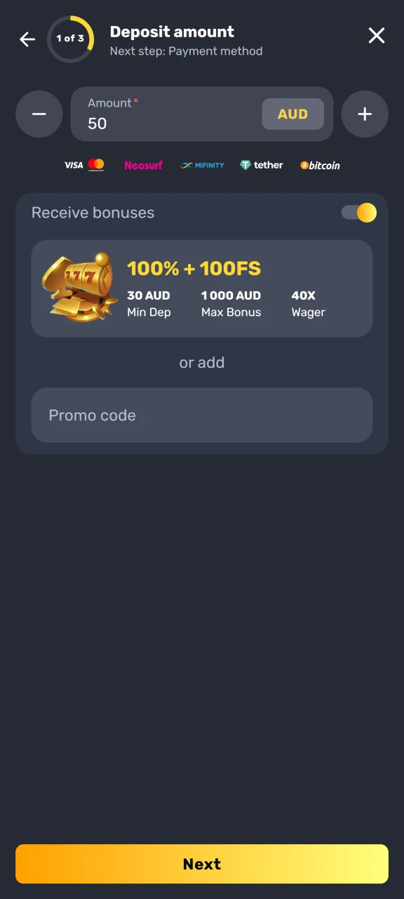 Enter the deposit amount at Rocket Play and confirm the transaction.