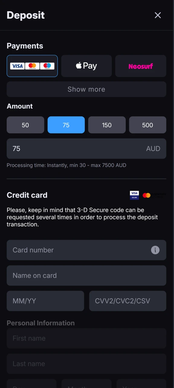 Choose the deposit method and finish the transaction at Skycrown Casino.