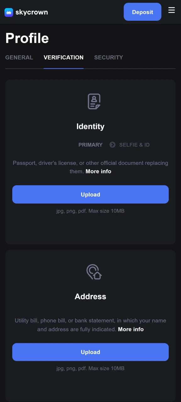 To ensure security on the platform, complete the Skycrown verification process.